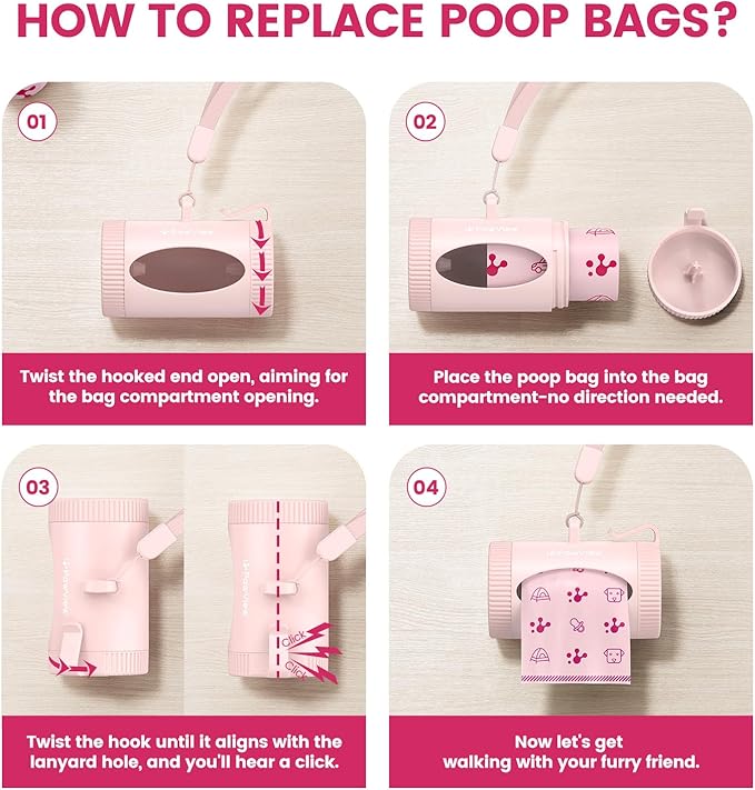 Dog Poop Bags Rolls with Retractable Poop Bag Holder, Leak Proof and Extra Thick Lavender Pet Waste Bags, 70% Recycled GRS Certified, 1 Dispenser and 105 Bags for Doggy Walking & Cat Litter