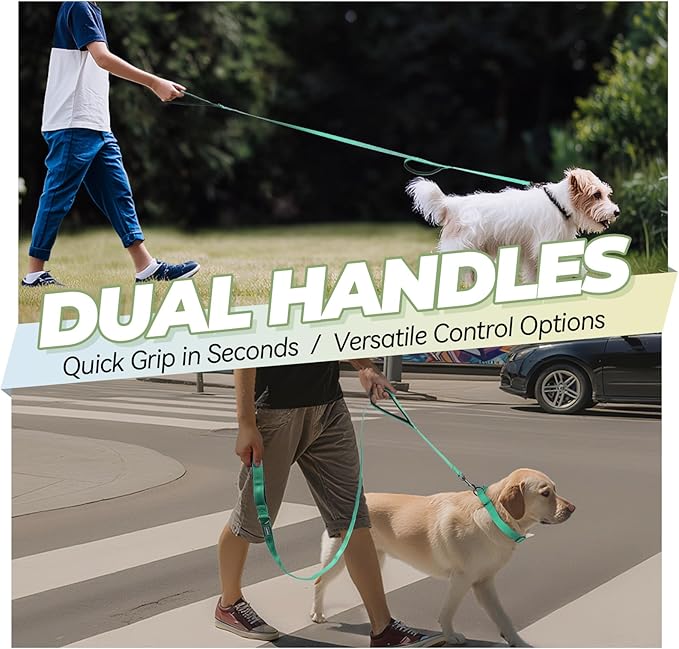 VIVAGLORY Twingrip Dog Leash, Double Handle Dog Leash for Training & Walking with Traffic Handle & 2 Loop, Traffic Control Reflective Heavy Duty for Puppy Pet, 4ft x 1in, Turquoise