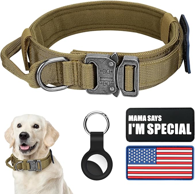 Military Dog Collar, Adjustable Nylon, Heavy Duty Metal Buckle with Handle, Includes Airtags Case Cover and Patches, Brown, XL, Suitable for Large Dogs
