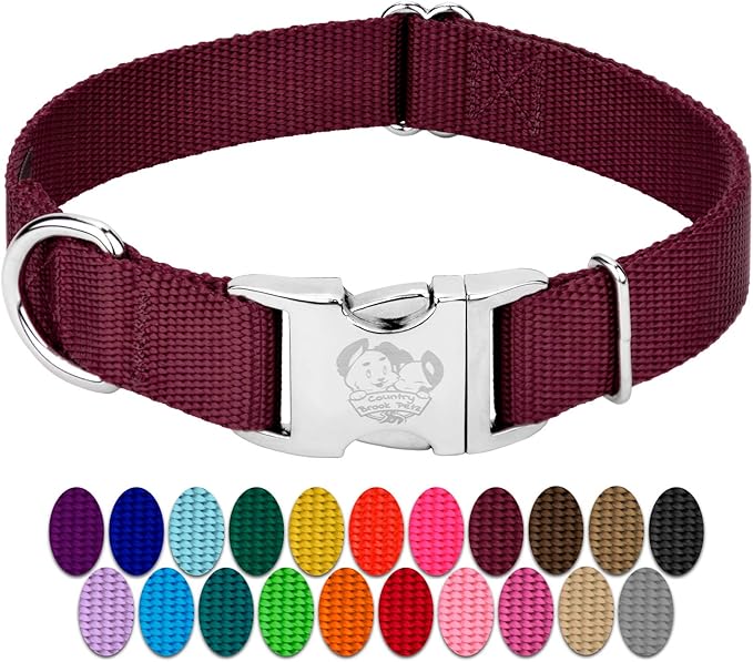 Country Brook Petz - Premium Nylon Dog Collar with Metal Buckle for Small Medium Large Breeds - 10+ Warm Colors (Large, 1 Inch Wide, Burgundy)