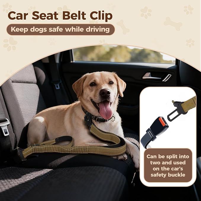 Detachable Heavy Duty Tactical Dog Leash, 9.7FT Hand-Free Bungee Shock Absorption Leash with Padded Handle Quick Release Metal Clip Car Seatbelt No Pull Training Lead for Medium & Large Dogs (Khaki)