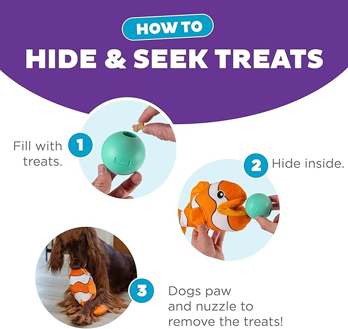Outward Hound by Nina Ottosson Big Mouthz Interactive Plush Dog Puzzle with Treat Ball, Clownfish, Orange