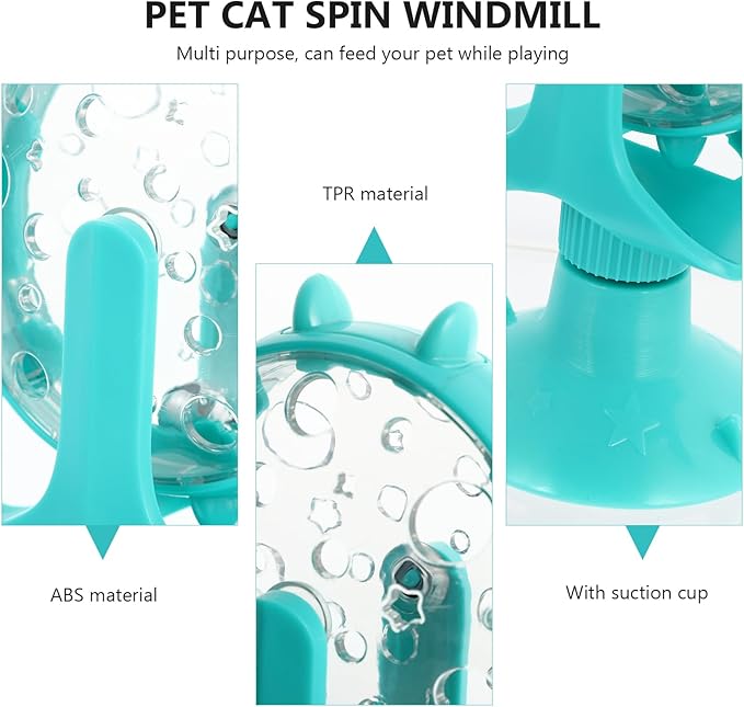 Windmill Cat Treat Dispenser Toy : 360 Degree Rotating Cat Treat Feeder with Suction Cup for Puppies Kitten, 5.11X1.57X6.68in (Blue)