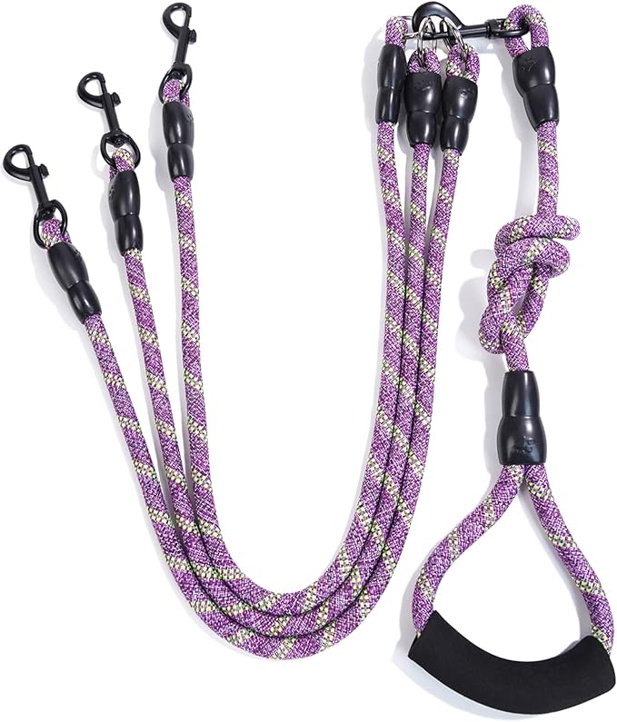 3 Dog Leash - Padded Handle, 360° Swivel Multiple Dog Leash No Tangle, Lead for Medium Large Dogs, Walking & Training Double Dogs (Purple Green)