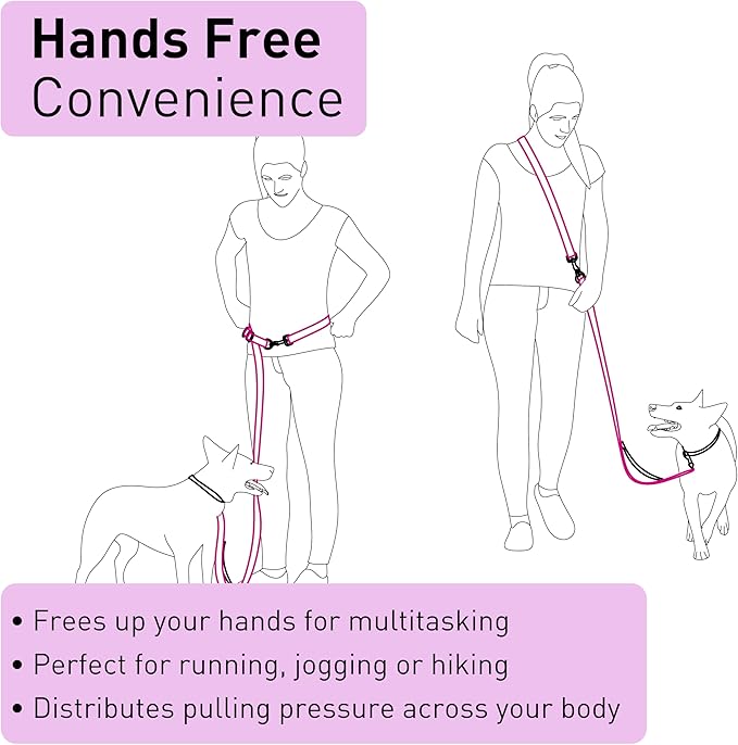 Cross Body Dog Leash - Waist or Shoulder Leash for Walking and Hiking with Medium and Large Dogs, Adjustable 4 to 6 FT Outdoor Bungee Lead with Traffic Handle by Nuvuq (18-120 lbs, Pink)