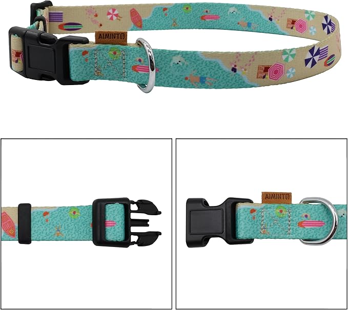 Dog Collar, Cute Holiday in Beach Pattern, Soft and Adjustable Collar with Quick Release Buckle (L (Neck 16-28", Width 1"), Beach Green)