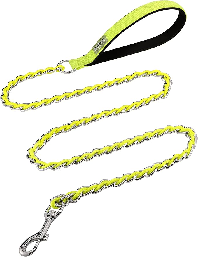 Chain Dog Leash Chew Proof Metal Leash for Medium Large Dogs, Chain Link Dog Anti Chew 5.2FT / 4FT Strong Anti Bite Comfortable Soft Padded Handle (Yellow, 4FT(80-150lb))