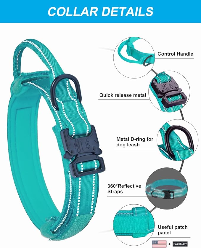 AUBELL Tactical Dog Collar and Leash Set, Reflective Adjustable Heavy Duty Military K9 Collars with Handle and Metal Buckle for Medium Dogs, with Airtag Case and 2 Patches(Teal,M)