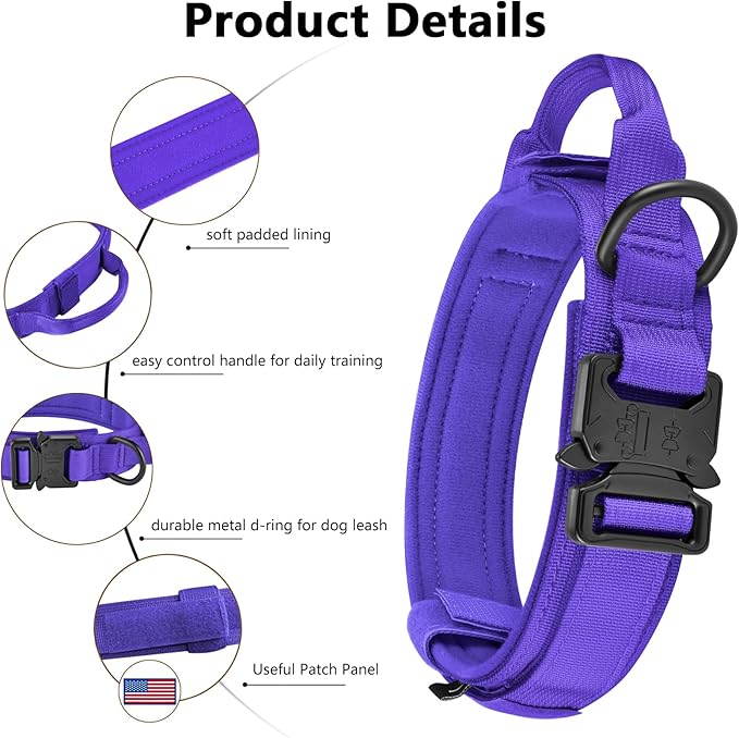 DAGANXI Tactical Dog Collar, Adjustable Military Training Nylon Dog Collar with Control Handle and Heavy Metal Buckle for Medium and Large Dogs, with Patches and Airtags Case (Purple, L)