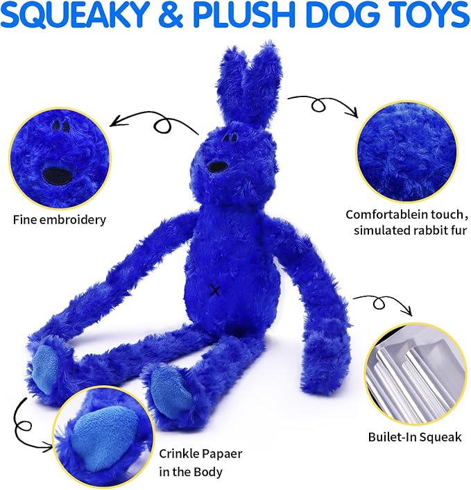Floppy Rabbit Squeaky Dog Toys - Interactive Crinkle Plush Bunny Toy for Small and Medium Dogs, Enrichment Toy for Puppies, Tug-of-War, Cute and Soft (Blue)