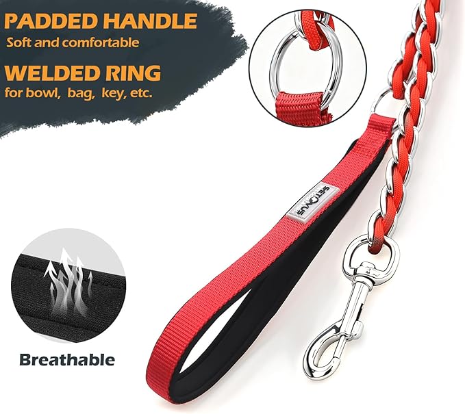 Chain Dog Leash Chew Proof Metal Leash for Medium Large Dogs, Chain Link Dog Anti Chew 5.2FT / 4FT Strong Anti Bite Comfortable Soft Padded Handle (red, 4FT(30-80lb)