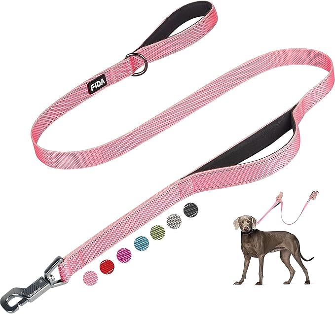 Fida 5 FT Heavy Duty Dog Leash with 2 Comfortable Padded Handles, Traffic Handle & Advanced Easy Snap Hook, Reflective Walking Lead for Large, Medium & Small Breed Dogs, Pink
