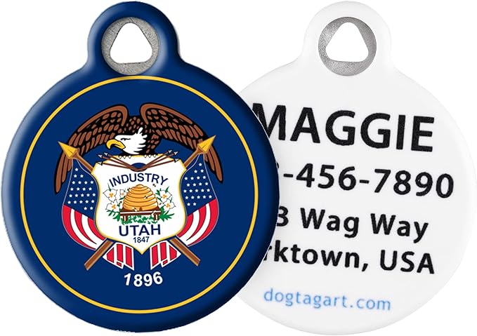 Dog Tag Art Utah State Flag Personalized Pet ID Tag for Dogs and Cats, Silent Polymer Coated Stainless Steel Nametag with Customized Identification Information - Large 1.25" Diameter