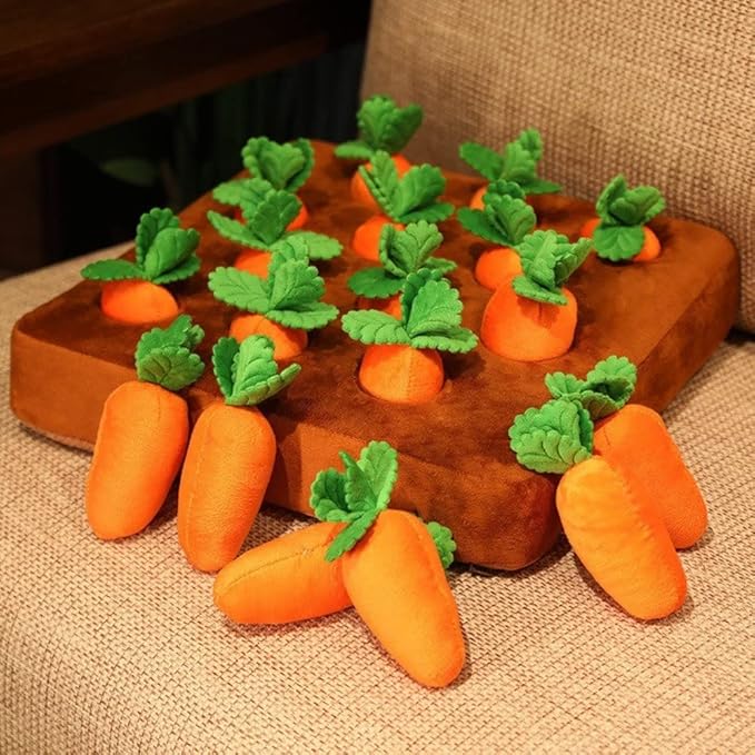 Carrot Dog Toy - Snuffle Mat, Plush Puzzle, Enrichment and Interactive Hide and Seek Pet Toy With 12 Carrots