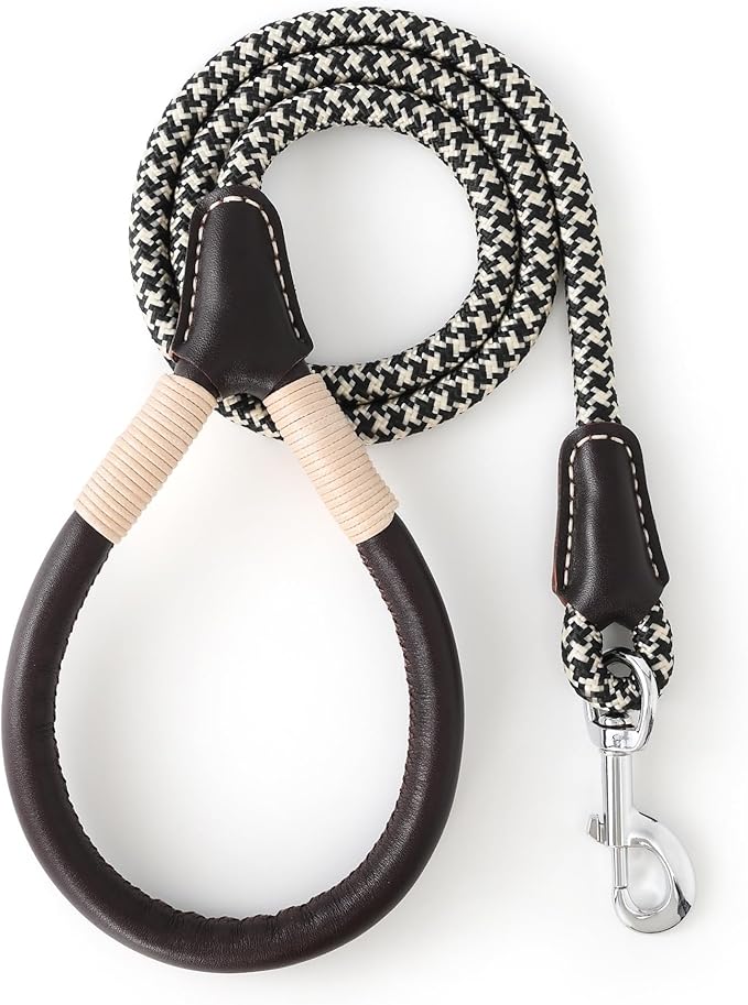 Mile High Life Genuine Leather Wrapped Handle Dog Leash, w Heavy Duty Clasp Rope Leash for Small Medium Large Dogs (Black Khaki, 4FT)