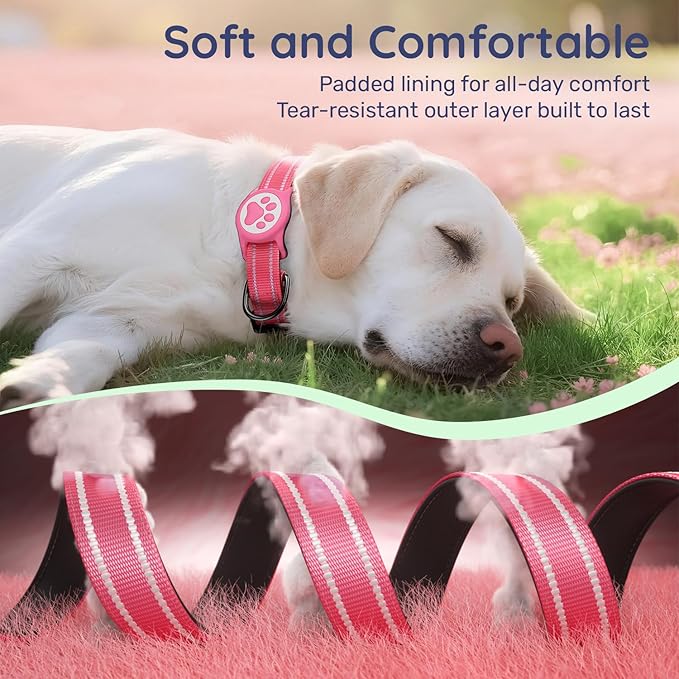 Airtag Dog Collar, Reflective Ultra-Durable Nylon Padded with QR Code Buckle & IP68 Waterproof Air Tag Holder Compatible for Apple AirTag, Comfortable for Small Medium Large Dogs(Hot Pink,M)