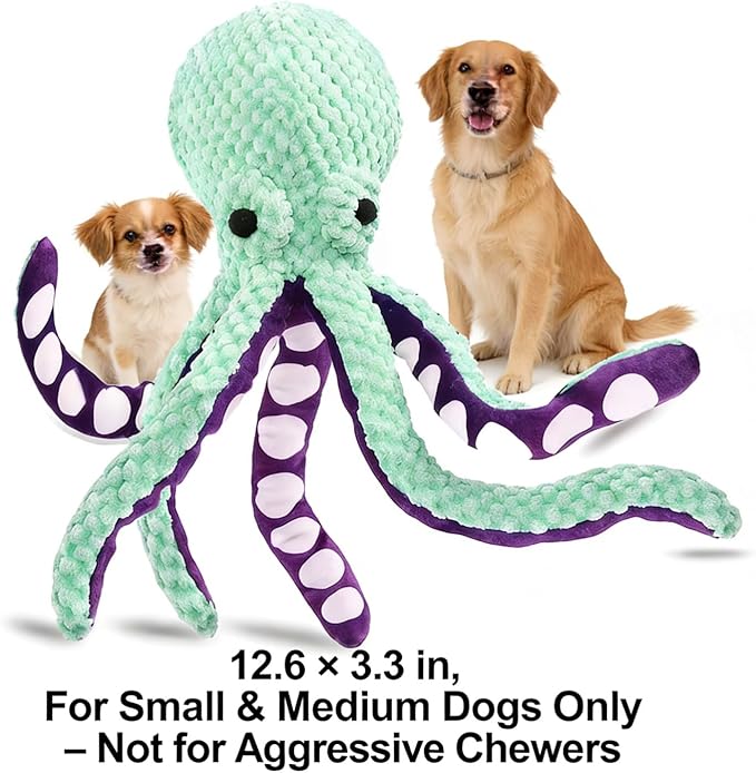 Plush Octopus Dog Toy with Squeaker, 12.6 × 3.3 in Interactive Chew Toy for Small & Medium Dogs, Soft Fun Pet Toy, Not for Heavy Chewers