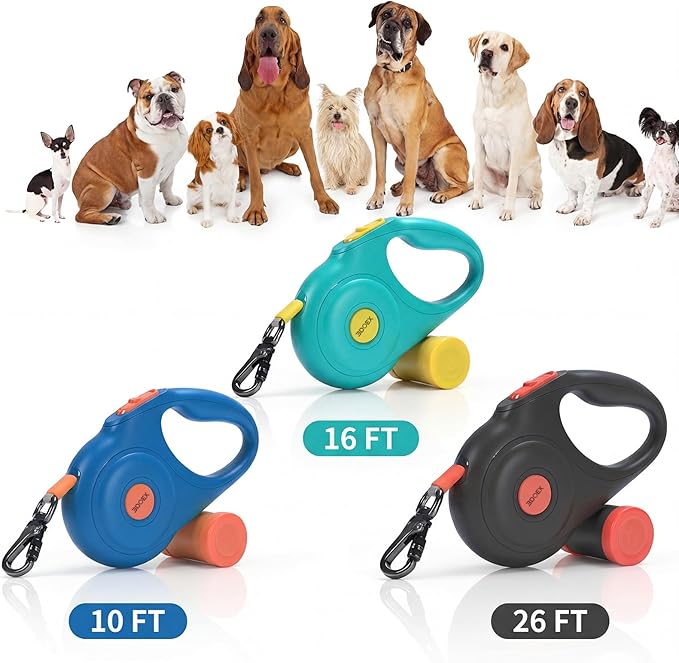 Retractable Dog Leash 26FT for Medium & Large Dogs, Sturdy Heavy-Duty Nylon Tape with Secure Locking Carabiner & Poop Bag Holder, Smooth One-Hand Control, Anti-Slip Handle, Tangle-Free Design (Black)