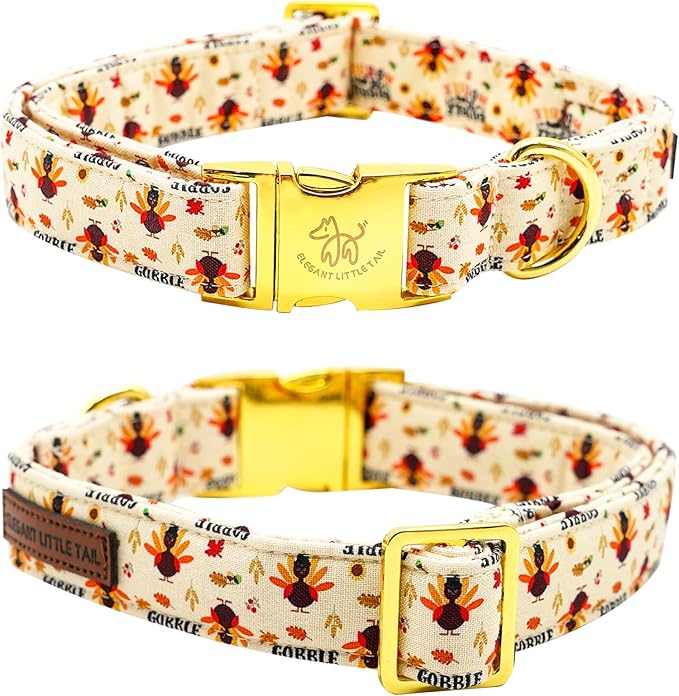 Elegant Thanksgiving Turkey Print Dog Collar with Flowers for Medium Dogs