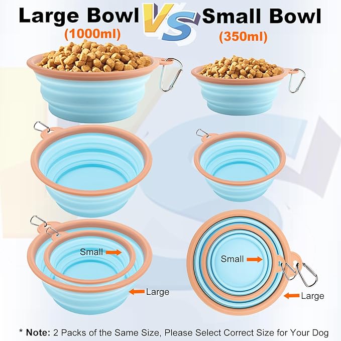 Collapsible Dog Bowls for Travel Portable Pet Food Bowl Compact Silicone Dog Water Dish with Carabiner Clip, BPA Free, Perfect for Large/Medium/Small Dog/Cat/Pets, 2 Pack, Sky Blue, 1000ML