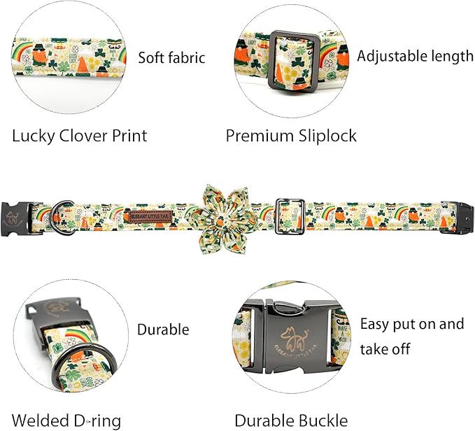 Elegant little tail St. Patrick's Dog Collar, Green Clover Dog Collars Cute Pet Gift Cute Puppy Flower Adjustable Pet Collars for Small Dogs