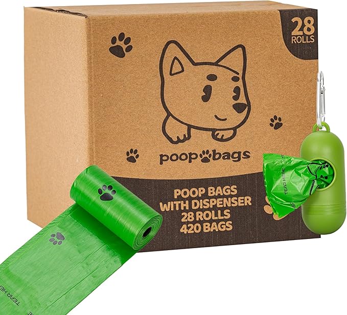 Dog Poop Bags Rolls With Dispenser, Strong and Leak-proof Waste Bags for Pets, Floral Scented, 420 Count (28 Packs of 15), 13 Inch x 9 Inch (Green)