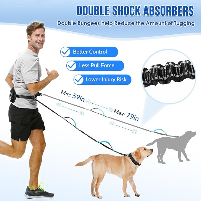 Hands Free Dog Leash for 2 Dogs, Adjustable Waist Belt with Zipper Pouch, Dual Handle Retractable Elastic Bungee with Reflective Stitches for Medium and Large Dogs Training Running