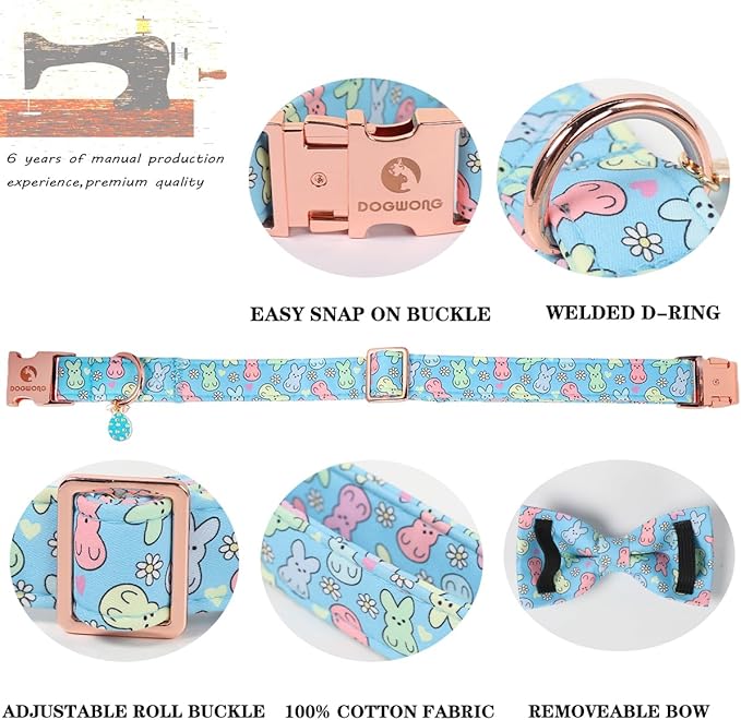 DOGWONG Easter Dog Collar, Blue Bunny Print Dog Collar with Bow, Girl Boy Pet Spring Holiday Dog Collars for Large Dogs,XL