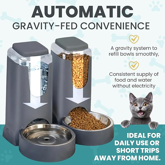 Automatic Cat Feeder 2.8L/4L Water Dispenser Set w/Tray Mat, Gravity Pet Feeder, Large Capacity Non-Spill Cat Water & Food Stainless Steel Bowls, Water Dispenser for Feeding Cats & Dog