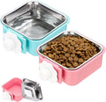 Crate Dog Bowl, Removable Stainless Steel Pet Cage Hanging Anti-Overturn Food Water Feeder Cage Cup (2Pcs, Square, Pink/Dark Blue, 11.1oz), Intended for Puppies/Cat/Rabbit/Bird