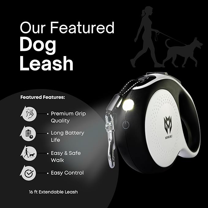 Retractable Dog Leash with LED Light – 360° Tangle-Free 16ft Heavy - Duty Nylon Tape Leash | One-Hand Brake, Pause & Lock System | Medium Dogs (White)