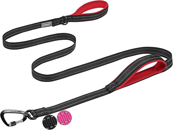 VIVAGLORY Dog Leash Lighthook Double Handle Dog Leash with Traffic Handle & Locking Carabiner for Walking & Training, Traffic Control Lightweight Carabiner for Puppy Pet, 6ft x 1in, Black