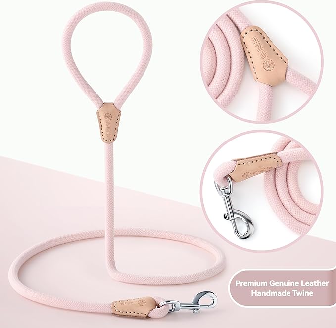 Mile High Life Dog Leash, Rope Leash with Genuine Leather Connection and Heavy Duty Metal Clasp, Great for Small Medium Large Dogs(Pink,72 Inch)