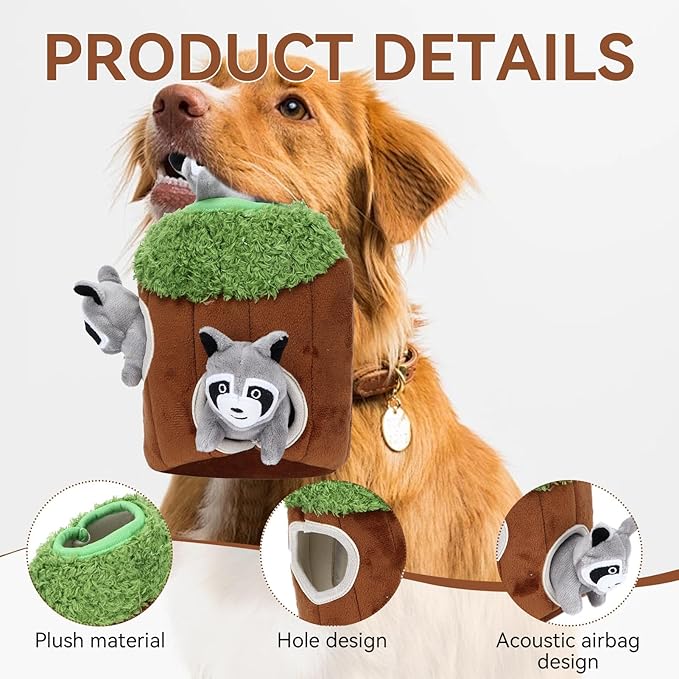 Cyrank Hide and Seek Dog Toy, Raccoon Tree House Dog Puzzle Toys Squeaky Plush Dog Game Toys Funny Dog Toy for Puppy and Small Dog