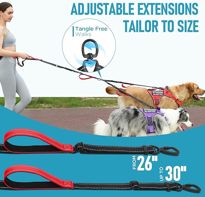 Hands Free Dog Leash, Waist Bungee Leash for 2 Large Dogs, 6-8ft No-Tangle Heavy Duty Leashs(50-120 lbs)
