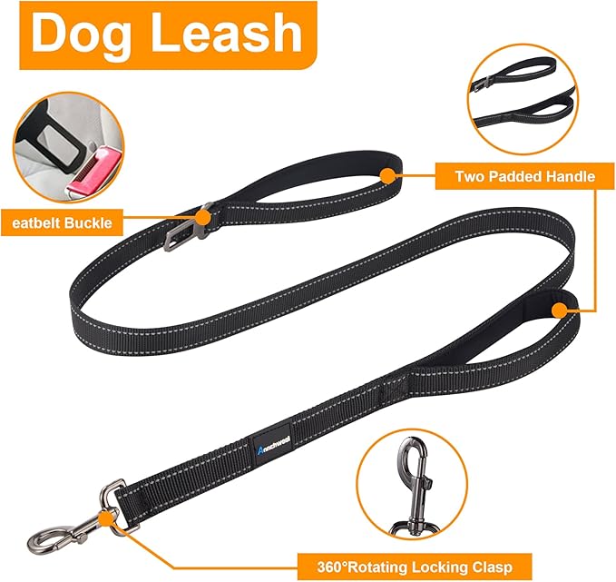 Annchwool Adjustable Dog Collar and 5 FT Leash Set with Heavy Duty Metal Buckle–Comfortable Lining Reflective Collar &Dual-Handles for Small Medium Large Dogs Walking,Running(Black Set,XL:22''-30'')