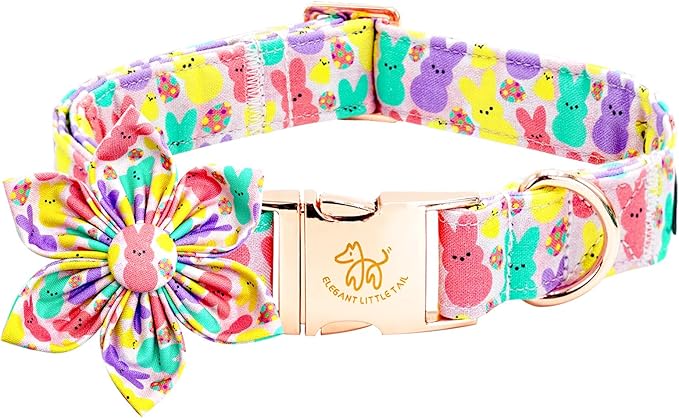 Elegant little tail Easter Dog Collar, Pink Bunny Print Pet Collars with Flower Girl Boy Pet Collar Flower Spring Collar Holiday Adjustable Dog Collar for Small Puppy