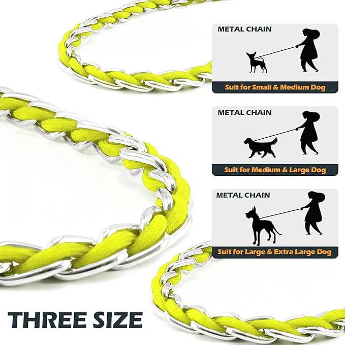 Chain Dog Leash Chew Proof Metal Leash for Medium Large Dogs, Chain Link Dog Anti Chew 5.2FT / 4FT Strong Anti Bite Comfortable Soft Padded Handle (Yellow, 4FT(30-80lb)
