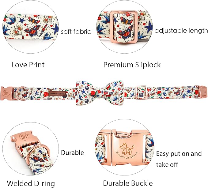 Elegant little tail Valentine's Dog Collar, Rose Print Dog Collar Cute Girl or Boy Puppy Collars Bowtie Pet Gift Adjustable Pet Collars for X-Small Dogs