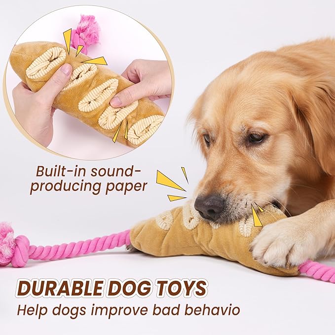 Tough Dog Toys for Aggressive Chewers Large Breed, Interactive Crinkle Plush Puzzle Feeder, Indestructible Heavy Duty Tug of War Stuffed Animal with Rope, Puppy Enrichment Chew Toy