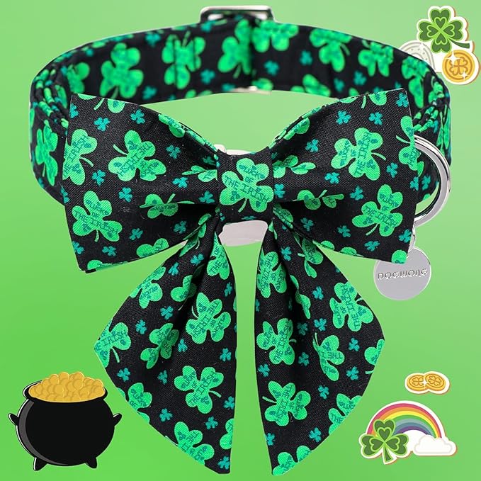 DOGWONG Green Lucky Clover Shamrock Dog Collar with Bowtie, Soft Adjustable St. Patrick's Day Lucky Charm Black Puppy Collar for Small Medium Large Dog
