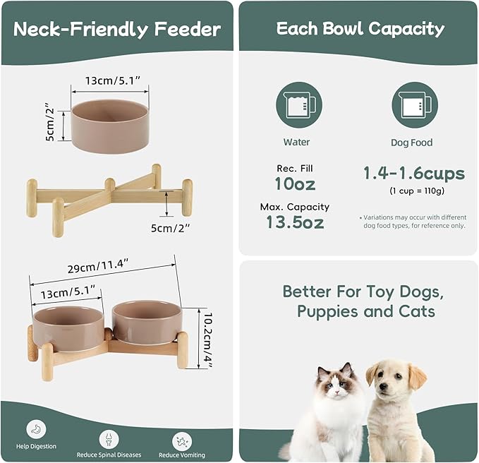 Ceramic 5.1inch Raised Double Bowls Set with Wooden Stand, Elevated Food & Water Bowls for Small Breed Dogs, Cats, Kitty, Weighted Dog Dishes, Pet Bowls(13.5oz, Brown Coffee)