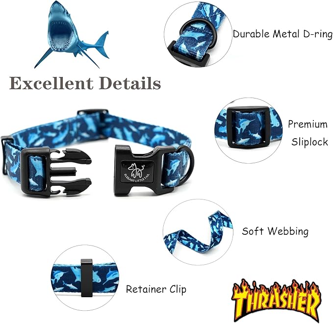 Elegant little tail Dog Collar with Leash, Shark Print Pet Collar Leash Adjustable Collar for Small Medium Large Dogs Soft Puppy Collars with Quick Release Buckle Girl Boy Dog Collars