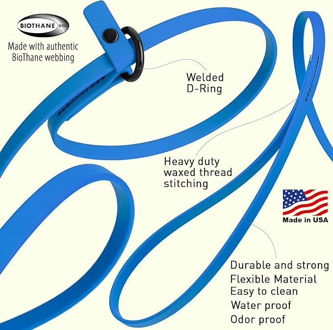 Dogline Biothane Slip Dog Leash - for Small, Medium and Large Dogs - Odor Free Slip Lead, Heavy Duty and Durable Material Kennel Lead - Cerulean Blue - 7ft L x 1/2in W