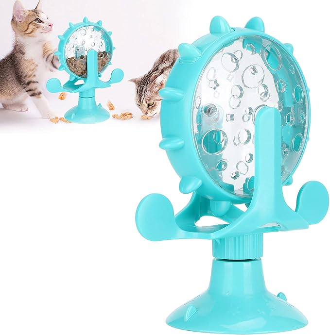 Interactive Cat Food Treats Dispenser Toy, Pet Slow Feeder Feed Training Toy Cat Windmill Toy Dog Food Dispenser, 360° Rotating Windmill Suction Cup Toys for Educational Interactive Training (Blue)