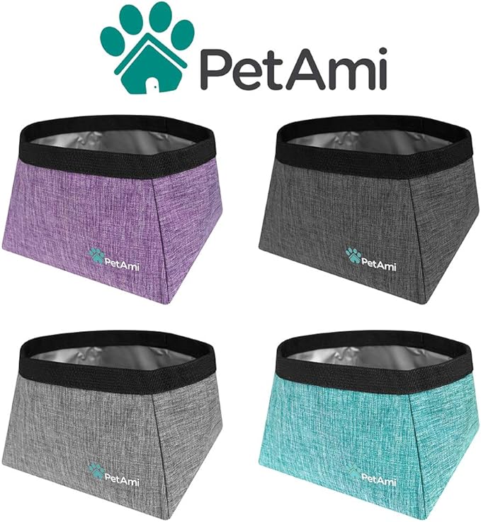 PetAmi Collapsible Dog Travel Bowls, Large Lightweight Foldable Bowl, Water Food Bowls for Pets Dogs for Hiking, Camping, Backpacking, Kibble, 2 Pack (Sea Blue, Grey)