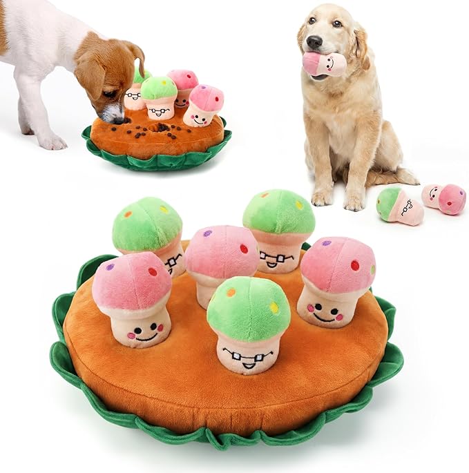 Skylety 7 Pcs Interactive Mushroom Dog Toy Set Snuffle Toy with Treat Hiding Puzzle and Squeaky Plush, Durable Vegetable Dog Toys for Small Medium Dogs, Training and Boredom Relief Plaything