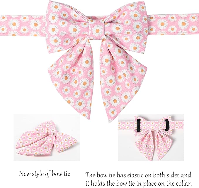 Lionet Paws Floral Dog Collar with Sailor Bow, Spring Cute Daisy Pink Dog Collar Bow Tie for X-Large Dogs, Neck 16-26 inches
