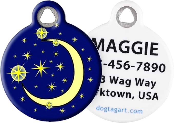 Dog Tag Art Moon and Stars Crescent Moon Personalized Pet ID Tag for Dogs and Cats, Silent Dog Tag with Customized Identification Information - Large 1.25" Diameter