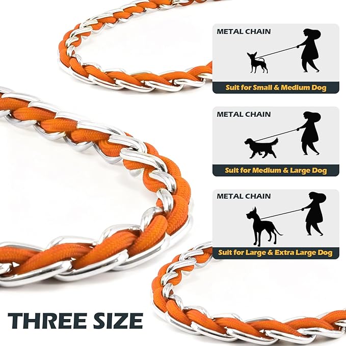 Chain Dog Leash Chew Proof Metal Leash for Medium Large Dogs, Chain Link Dog Anti Chew 5.2FT / 4FT Strong Anti Bite Comfortable Soft Padded Handle (Orange, 5FT(5-30lb))